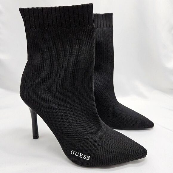 Guess Fabric Bootie Sz 9 Black Tear Stretch‎ Heeled Stiletto Point Toe - Picture 1 of 10